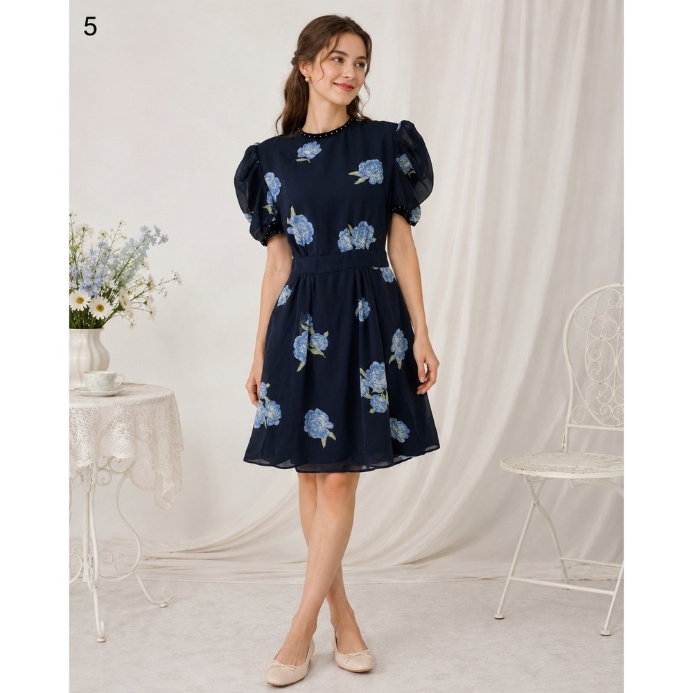 Topshop Dainty Dress Womens 8 Black Blue Floral Sheer Tie Waist Puff Sleeves